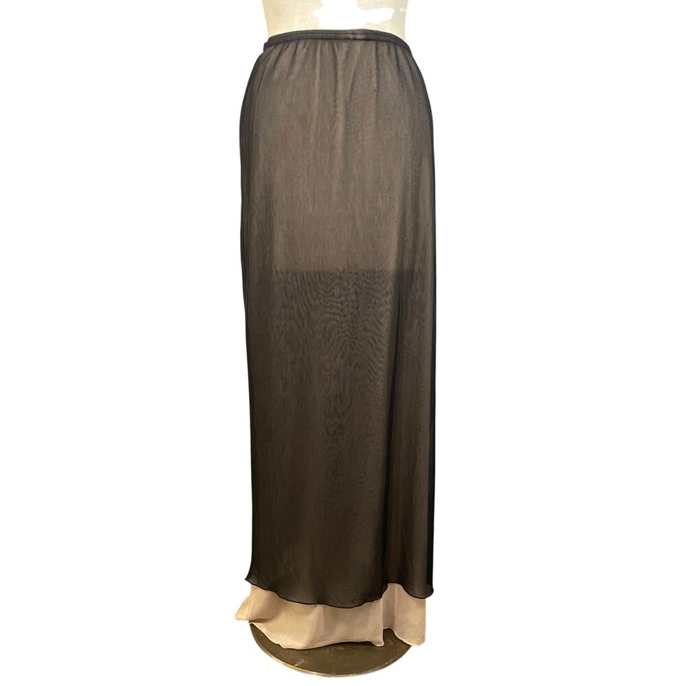Y2K layered semi sheer‎ maxi skirt black nude casual small stretch witch goth